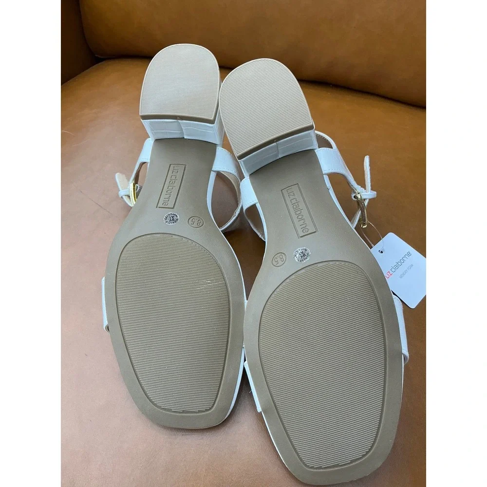 Liz Claiborne Renny Sandals Womens 8.5 White New Croc Embossed Block Heel Z0869